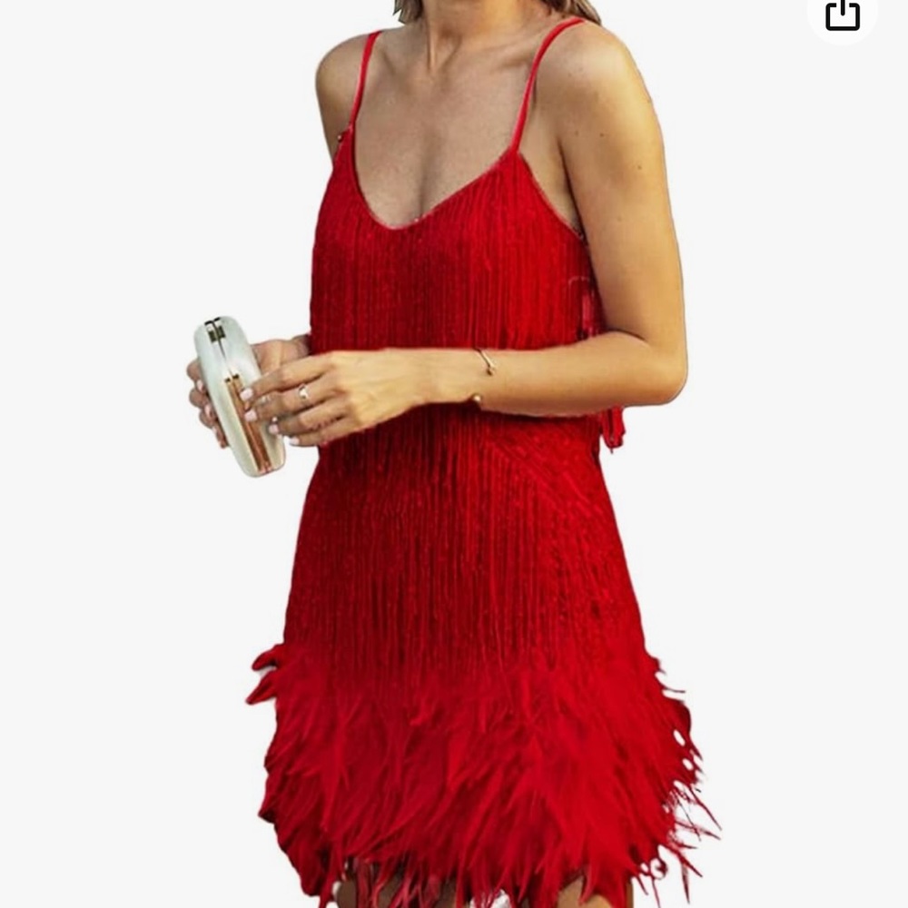 Red sparkly feathered eras dress